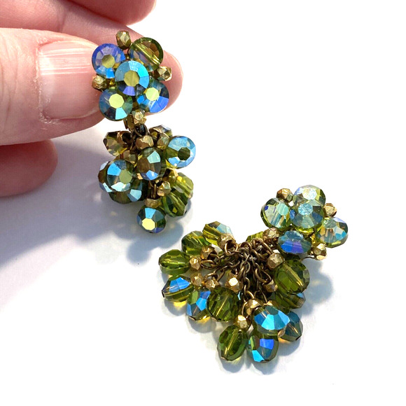 Vogue Clip On Earrings Drop Dangle Bead Clusters AB Green Blue Gold Mid Century - Picture 2 of 10